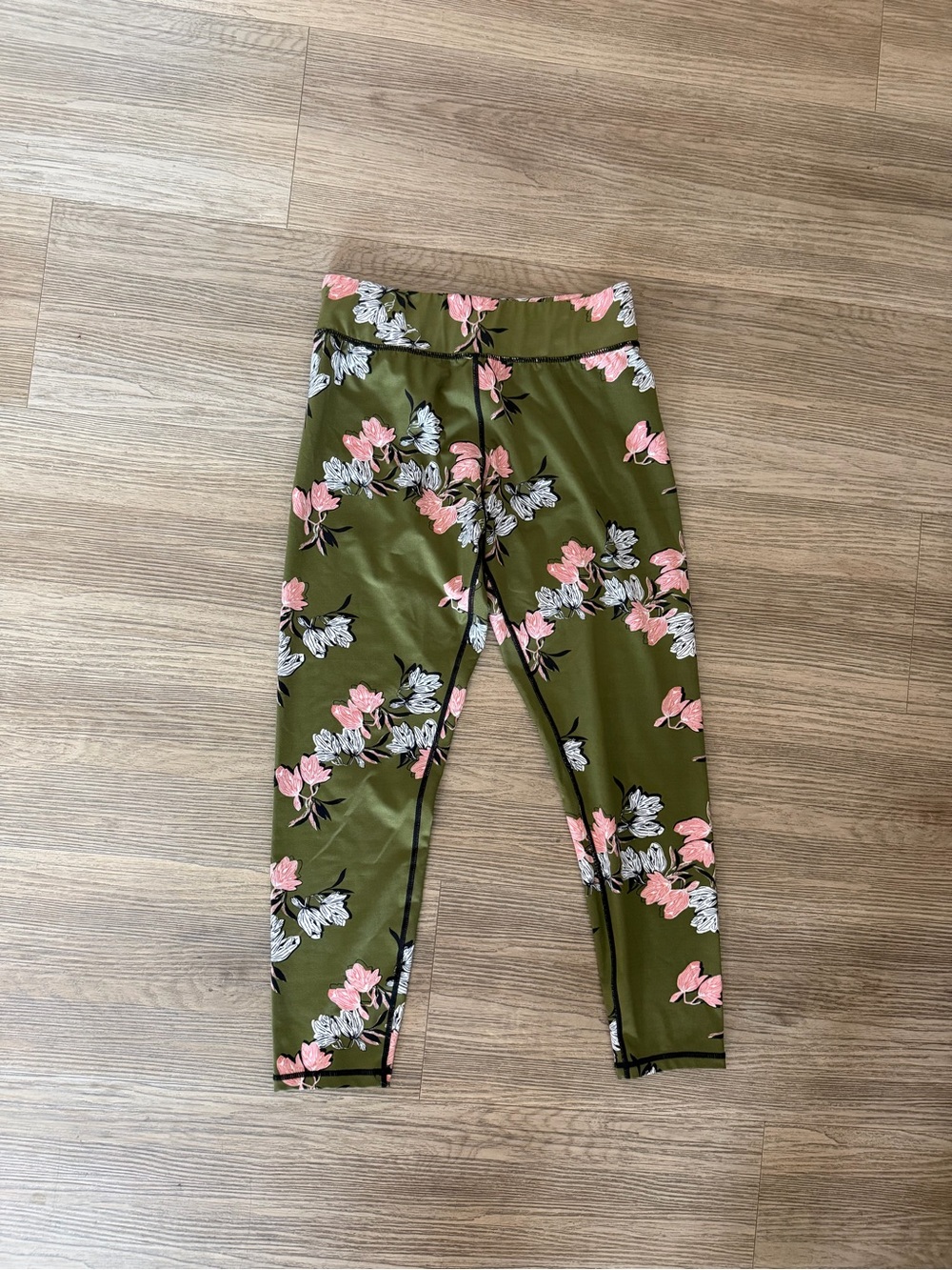 MINKPINK Olive Green Floral Leggings with Pink & White Blooms